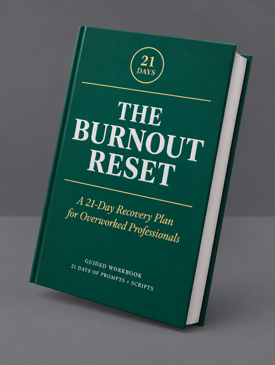 The Burnout Reset hardcover workbook, left three-quarter angle