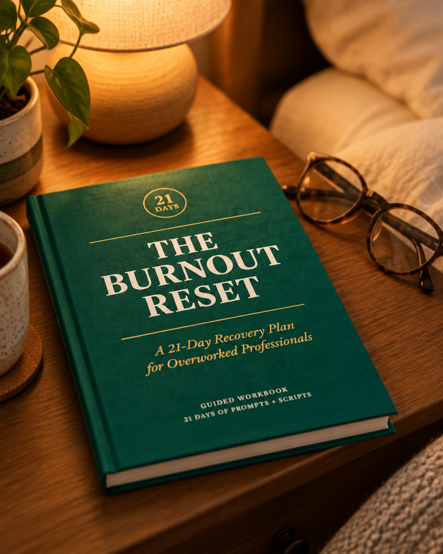 The Burnout Reset workbook on a nightstand with lamp and glasses