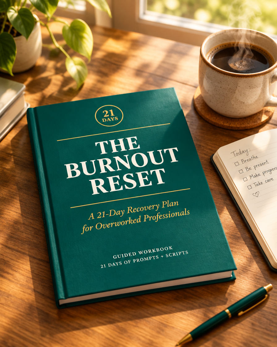 The Burnout Reset workbook on a desk with coffee, morning light