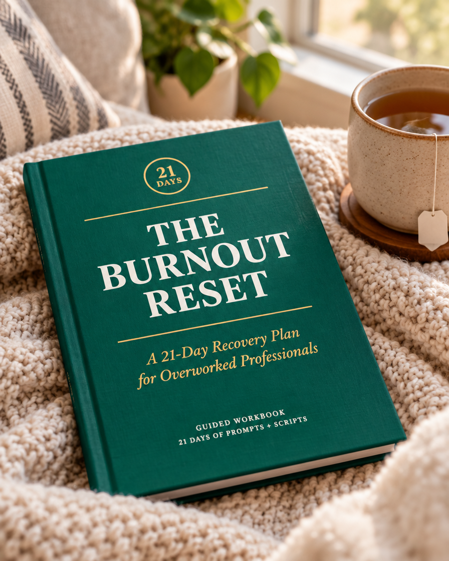 The Burnout Reset workbook on a cozy blanket with tea