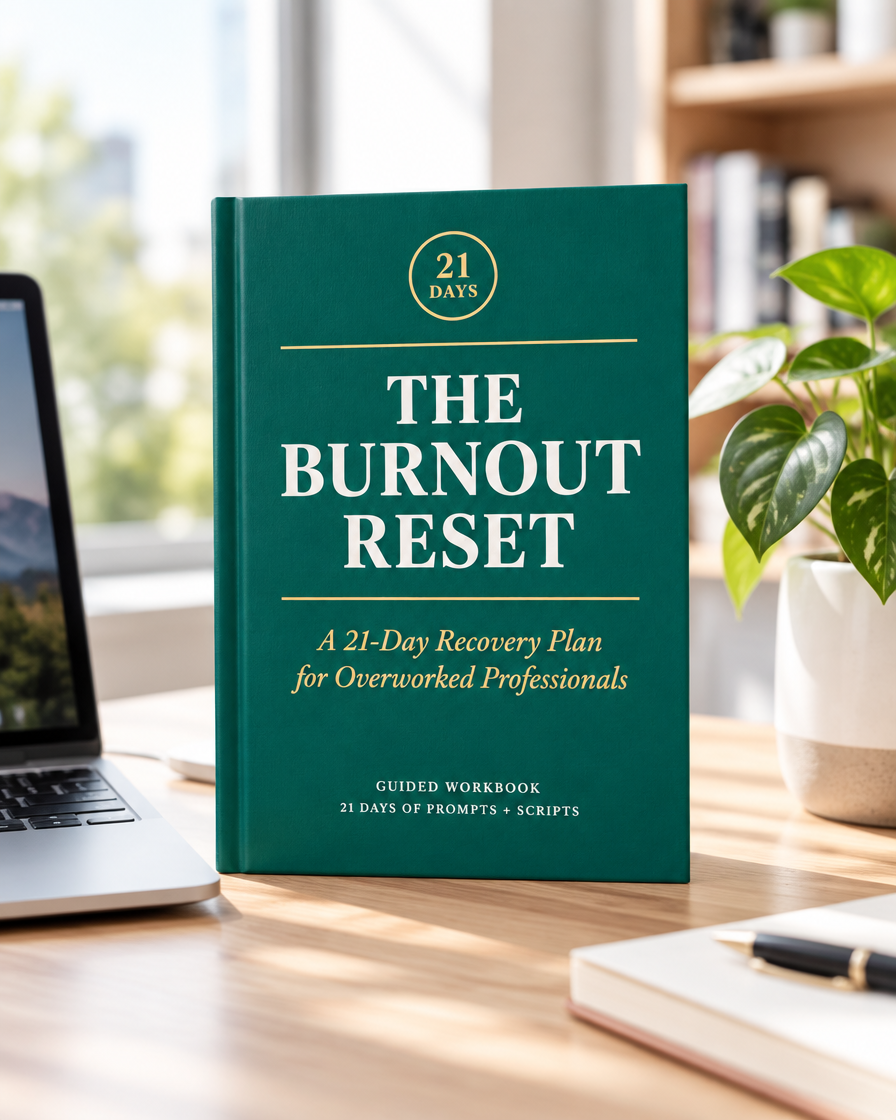 The Burnout Reset workbook on a minimalist desk with laptop and plant